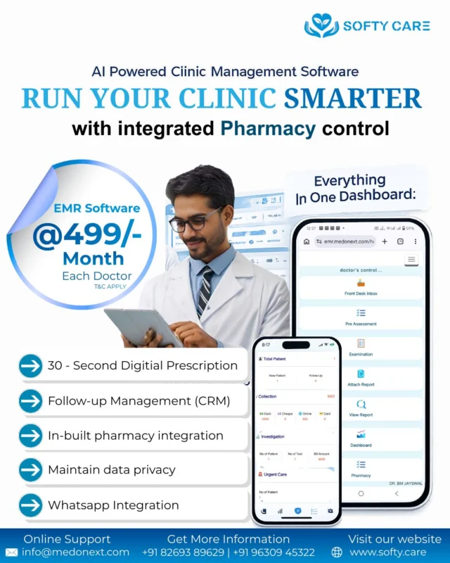 Still managing prescriptions, pharmacy stock, and billing separately?It slows down your OPD.With SoftyCare, everything runs from one clean dashboard —
🩺 30-second digital prescriptions
💊 Integrated pharmacy & stock
🗂 Secure patient records
📊 Real-time clinic insightsAll starting at just ₹499 + GST per month.Run your clinic with confidence.
👉 Book your free demo today
📞 +91 82693 89629
🌐 www.softy.care#ClinicManagementSoftware, #DigitalPrescription, #PharmacyIntegration, #SecureEMR, #DoctorsOfIndia