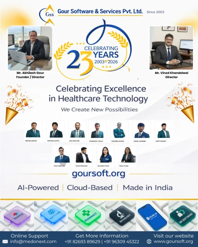23 Years. One Mission.
Create Healthcare Software That Actually Works.Today we celebrate 23 years of Gour Software & Services Pvt. Ltd.Since 2003, our goal has been to simplify healthcare management using smart, AI-powered systems.With MedoNext HMS and SoftyCare Clinic Software, we continue helping healthcare providers work smarter and serve patients better.Thank you for being part of our journey.Here’s to many more years of innovation.#Anniversary #HealthcareSoftware #TechCompany #ProudMoment #Since2003