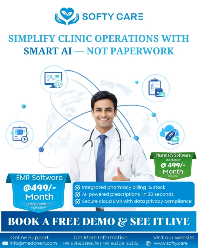 Why Doctors Choose SoftyCare
Your Pharmacy. Your Data. Fully Under Your Control.Prescribe, bill, and manage pharmacy stock in one flow — with bank-level data protection for patient records.
✔ One dashboard
✔ Zero paperwork
✔ Total controlSoftyCare helps doctors run clinics smarter with built-in pharmacy integration and enterprise-grade data privacy — so you stay focused on patients, not systems.SoftyCare connects your clinic with your in-house pharmacy while keeping every patient record secure and encrypted.
✔ Integrated Pharmacy — prescriptions, billing & stock in one flow
✔ Encrypted Patient Data — secure, compliant & doctor-controlled
✔ AI Prescriptions in 30 Seconds — faster OPD, less effort
✔ Real-Time Clinic Analytics — clear insights, better decisionsOne software. Complete clinic management.
Pharmacy Integration
Prescriptions, billing, and inventory — fully connected, no third-party dependency.Data Privacy Guaranteed
Encrypted medical records on a secure cloud — only you control access.Run your clinic with confidence — powered by SoftyCare.
👉 Book Free Demo
+91 82693 89629 | +91 96309 45322#ClinicManagementSoftware
#DigitalPrescription
#PharmacyIntegration
#SecureEMR
#DoctorsOfIndia
#HealthTechIndia
#SoftyCare